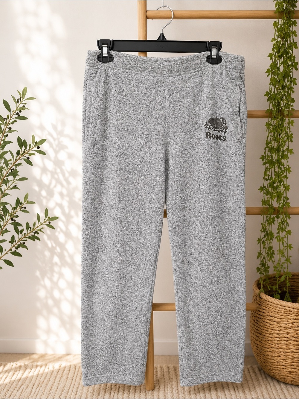 Roots Men’s Small Salt & Pepper Grey Sweatpants Beaver Logo Drawstring